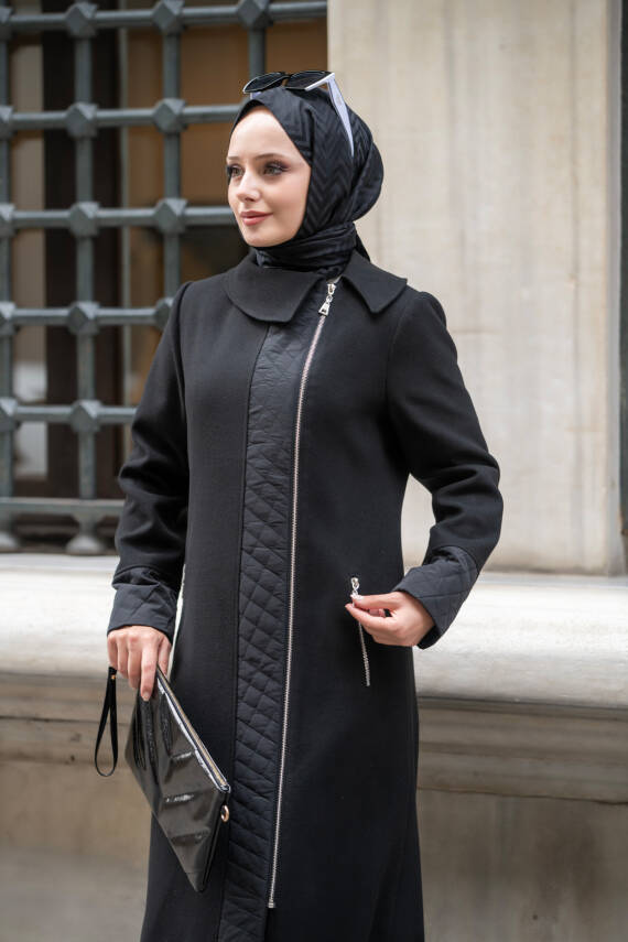 Mahza Kaşe Kumaş Maxi Boy Astarlı 135 cm Kaban 7663 Siyah - 1