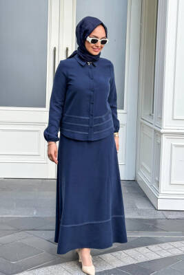 Mahza Modal Kumaş Broş Detaylı Yeni Sezon Etek Takım 8203 İndigo - Nihle