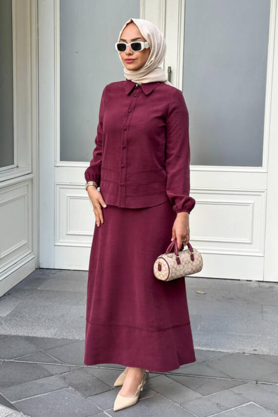 Mahza Modal Kumaş Broş Detaylı Yeni Sezon Etek Takım 8203- Kahve - 2