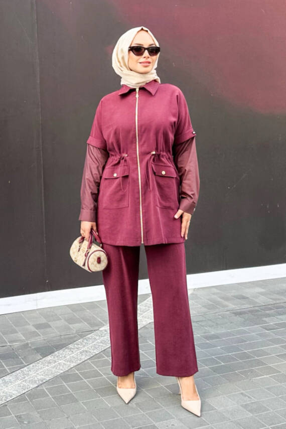  Mahza Modal Kumaş Yeni Sezon Garnili Spor Pantolon Takım 8202 Bordo - 1