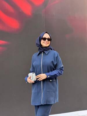 Mahza Modal Kumaş Yeni Sezon Garnili Spor Pantolon Takım 8202 İndigo - 3
