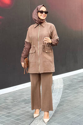 Mahza Modal Kumaş Yeni Sezon Garnili Spor Pantolon Takım 8202 Kahve - Nihle