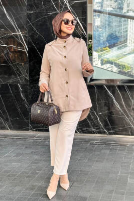 Mahza Önden Düğmeli Seyyar Kapüşonlu Astarlı Trençkot 7649 Bej - Nihle