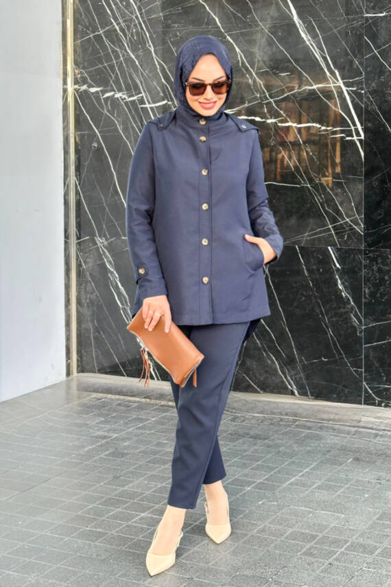 Mahza Önden Düğmeli Seyyar Kapüşonlu Astarlı Trençkot 7649 Lacivert - 1