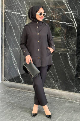 Mahza Önden Düğmeli Seyyar Kapüşonlu Astarlı Trençkot 7649 Siyah - Nihle