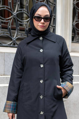 MAHZA PREMİUM SERİ MEVSİMLİK EKOSE ASTAR DETAYLI 120 CM TRENÇKOT 7667 SİYAH - 1