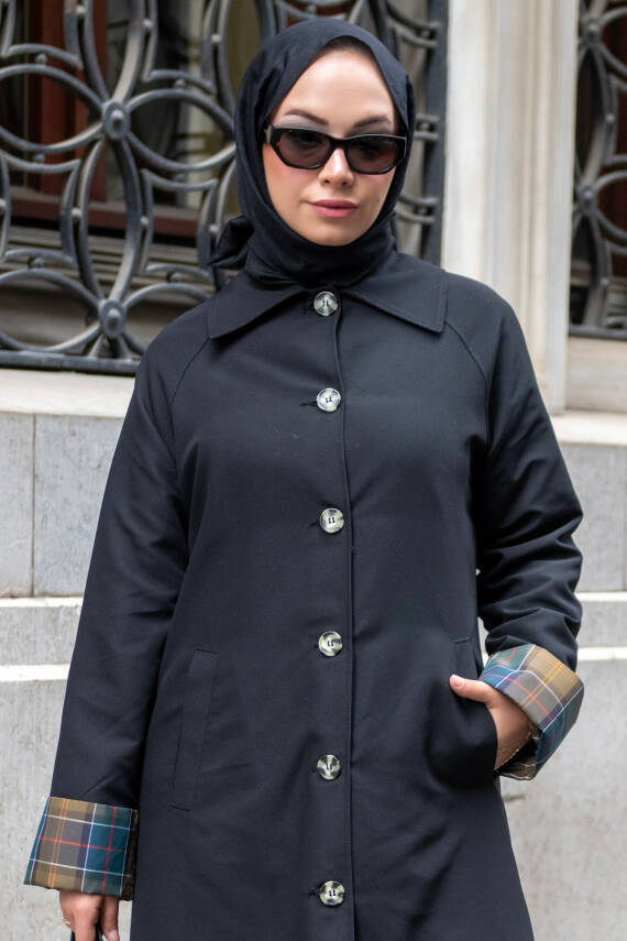 MAHZA PREMİUM SERİ MEVSİMLİK EKOSE ASTAR DETAYLI 120 CM TRENÇKOT 7667 SİYAH - 1
