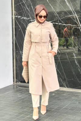 Mahza Rüzgarlıklı Seyyar Kemerli Astarlı Trençkot 7646 Bej - Nihle