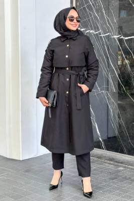 Mahza Rüzgarlıklı Seyyar Kemerli Astarlı Trençkot 7646 Siyah - Nihle
