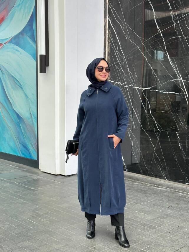  MAHZA TENSEL KUMAŞ ÖNDEN FERMUARLI ASTARLI SPOR ŞIK KAP 7659 İNDİGO - 1