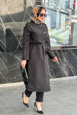 Mahza Yeni Sezon Astarlı 110 cm Trençkot 7648 Siyah - Nihle