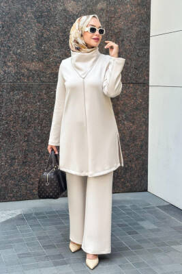 Mahza Yaka Detaylı Oyşo Kumaş Yeni Sezon Pantolon Takım 8200 Bej - Nihle