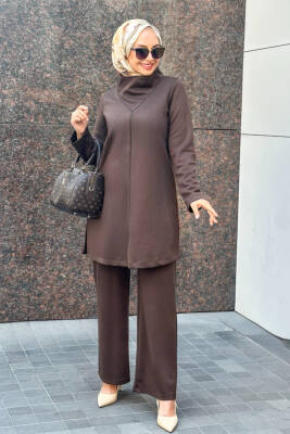 Mahza Yaka Detaylı Oyşo Kumaş Yeni Sezon Pantolon Takım 8200 Kahve - Nihle