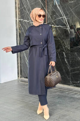 Mahza Yeni Sezon Astarlı 110 cm Trençkot 7648 Lacivert - Nihle